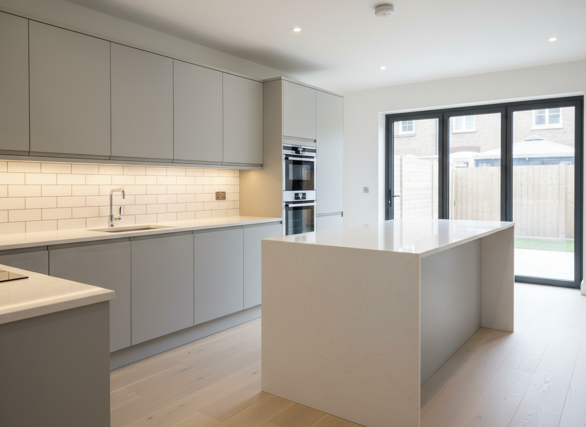 A modern, fully renovated London kitchen showcasing high-end workmanship: flat-panel matte dove-grey cabinets with perfectly aligned handles, seamless white quartz worktops, and an impeccably tiled subway splashback with precise grout lines. Integrated stainless steel appliances are flush with cabinetry, and under-cabinet LED strips cast a soft, even glow over the immaculate surfaces. A central island with a flawless waterfall edge stands on pale engineered wood flooring. Shot from a slightly elevated angle, the photographic composition keeps everything in sharp focus, emphasizing straight lines, square corners, and neat finishes. Large bi-fold doors at the far end allow diffused daylight to enter, producing a bright, professional atmosphere that reflects trusted, detail-oriented kitchen renovation services.