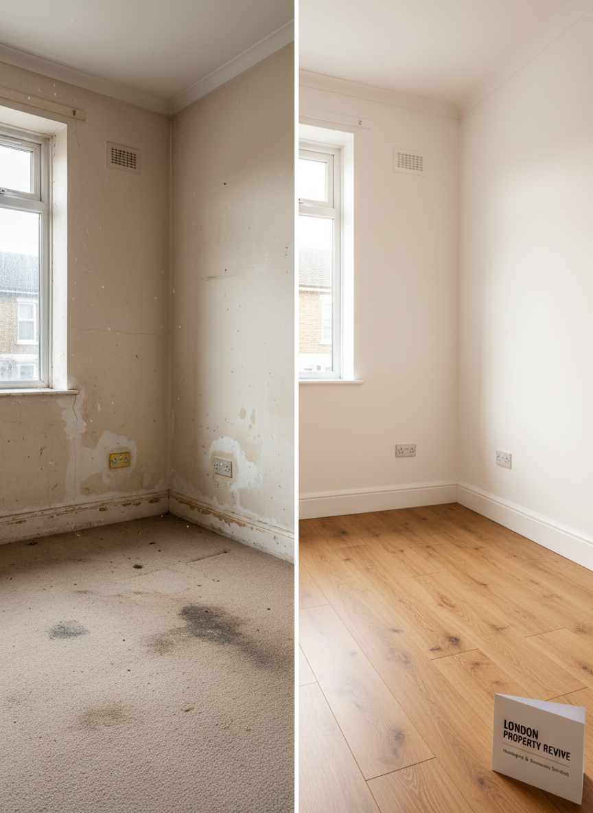 A side-by-side, split-view photographic composition of a London terraced house room before and after professional renovation. On the left, a dull, worn space with scuffed skirting boards, cracked magnolia walls, and tired, stained carpet. On the right, the same room transformed with smooth, newly plastered and painted white walls, crisp edges around sockets, and warm oak laminate flooring laid in perfectly straight lines. The dividing line is clean and vertical, emphasizing contrast. Soft, natural daylight streams through the same window in both halves, with consistent perspective at eye level. The mood is optimistic and reassuring, showcasing the dramatic improvement professional renovation and handyman services can achieve across London properties, rendered in clean, believable photographic realism.