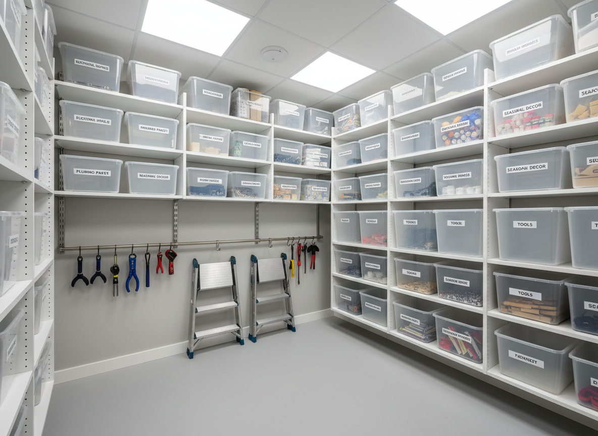 A professionally organized London utility and storage room after a handyman makeover, featuring newly installed white melamine shelving units anchored precisely to the walls. Sturdy plastic storage boxes with printed labels are aligned in perfect rows, and a neatly mounted rail securely holds folded step ladders and compact tools. Freshly painted light-grey walls and a spotless vinyl floor add to the sense of order. Bright, cool white LED ceiling lights provide even, shadow-free illumination, making every label legible. Photographic realism from an eye-level, wide-angle perspective captures the entire space in sharp detail. The mood is efficient, tidy, and reassuring, showcasing the practical side of handyman services like shelving installation, storage optimization, and minor interior improvements across London homes.