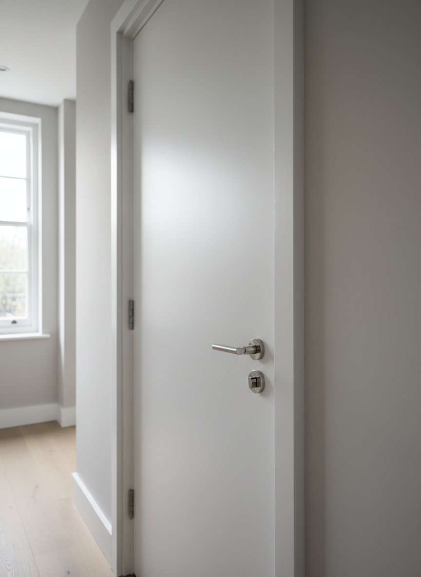 A close-up, detailed photographic view of a freshly finished interior doorway in a renovated London flat, highlighting craftsmanship. The pure white door sits perfectly within a new, sharp-edged frame, with neatly aligned brushed chrome hinges and a contemporary lever handle. The surrounding architrave shows flawless mitre joints, with no visible gaps, and caulked edges blend seamlessly into the smooth, painted wall. Soft, diffused indoor lighting from a nearby window and ceiling light creates gentle shadows along the mouldings, emphasizing straight lines and clean workmanship. Shot from a slightly low, side angle with shallow depth of field, the door hardware is in crisp focus while the corridor beyond fades into a subtle blur. The atmosphere is professional, precise, and quietly confident, ideal for a trusted renovation brand.