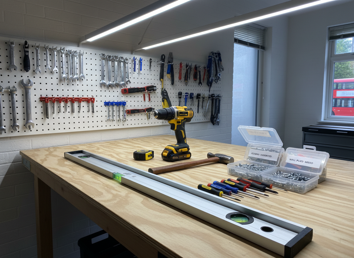 A neatly organized handyman tool setup laid out on a sturdy, freshly sanded plywood workbench in a well-lit London garage or utility space. High-quality tools—such as a cordless drill, spirit level with green fluid, precision screwdrivers, a polished hammer, and neatly coiled measuring tape—are arranged with exact spacing, alongside labeled boxes of screws and wall plugs. Behind, a pegboard wall holds additional tools in tidy rows. Overhead LED strip lights create clear, shadow-free illumination, highlighting clean metal textures and rubberized grips. Photographic realism with a slightly elevated, three-quarter angle captures every detail in sharp focus. The mood is reliable and professional, communicating organization, readiness, and trustworthy handyman expertise without any human presence.