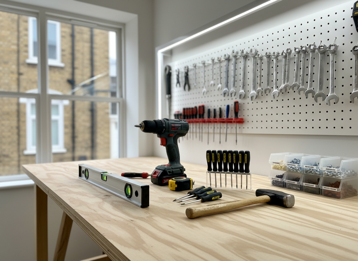 A neatly organized handyman tool setup laid out on a sturdy, freshly sanded plywood workbench in a well-lit London garage or utility space. High-quality tools—such as a cordless drill, spirit level with green fluid, precision screwdrivers, a polished hammer, and neatly coiled measuring tape—are arranged with exact spacing, alongside labeled boxes of screws and wall plugs. Behind, a pegboard wall holds additional tools in tidy rows. Overhead LED strip lights create clear, shadow-free illumination, highlighting clean metal textures and rubberized grips. Photographic realism with a slightly elevated, three-quarter angle captures every detail in sharp focus. The mood is reliable and professional, communicating organization, readiness, and trustworthy handyman expertise without any human presence.