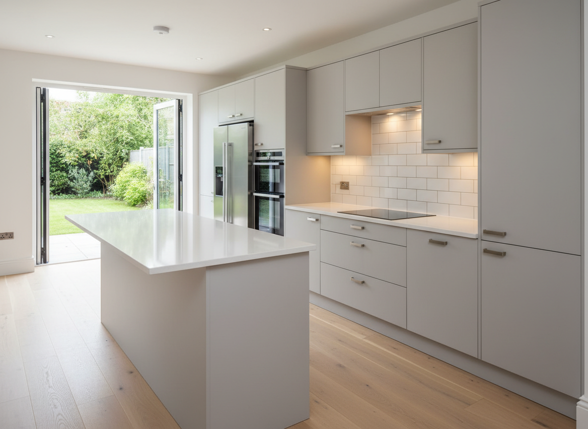 A modern, fully renovated London kitchen showcasing high-end workmanship: flat-panel matte dove-grey cabinets with perfectly aligned handles, seamless white quartz worktops, and an impeccably tiled subway splashback with precise grout lines. Integrated stainless steel appliances are flush with cabinetry, and under-cabinet LED strips cast a soft, even glow over the immaculate surfaces. A central island with a flawless waterfall edge stands on pale engineered wood flooring. Shot from a slightly elevated angle, the photographic composition keeps everything in sharp focus, emphasizing straight lines, square corners, and neat finishes. Large bi-fold doors at the far end allow diffused daylight to enter, producing a bright, professional atmosphere that reflects trusted, detail-oriented kitchen renovation services.