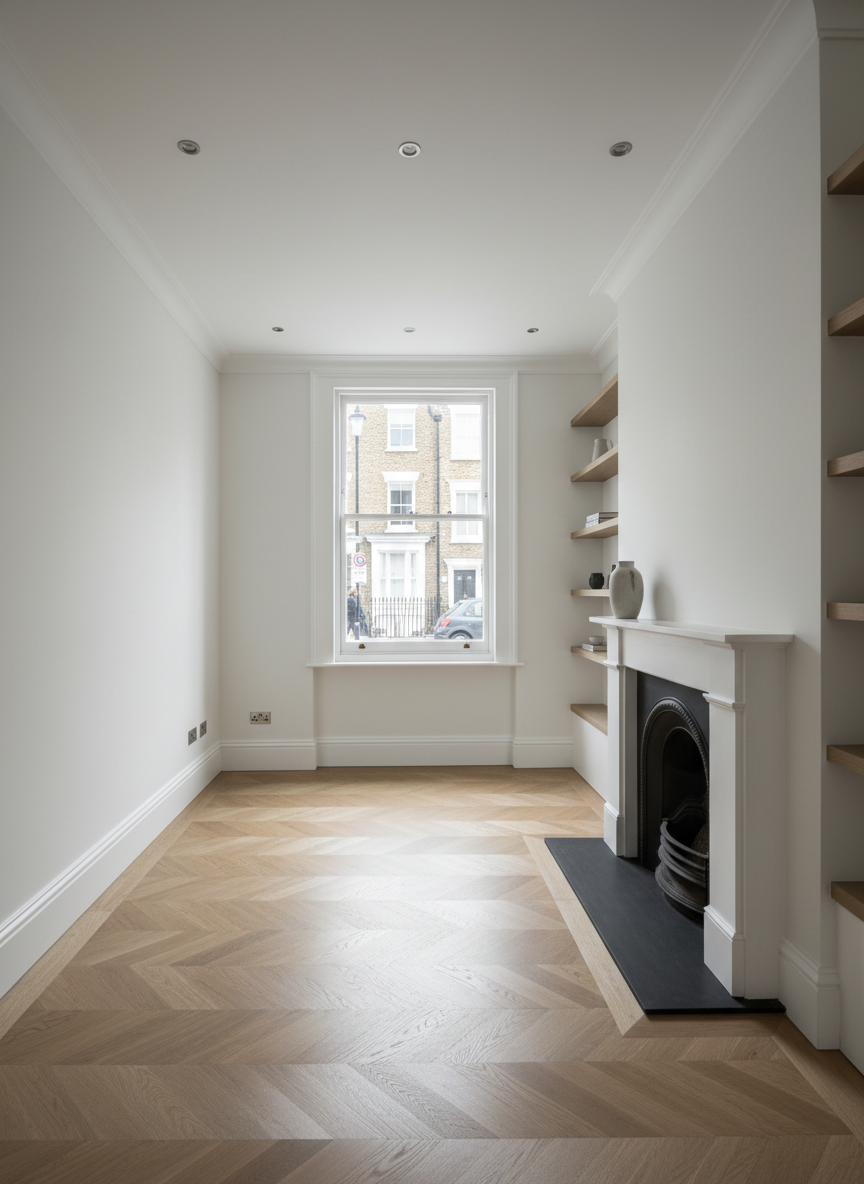 A meticulously refurbished London townhouse living room, featuring freshly painted soft white walls, perfectly aligned skirting boards, and flawless oak herringbone flooring with a satin finish. Built-in alcove shelving surrounds a restored Victorian-style fireplace with a clean, matte black insert and crisp white mantel. Large, double-glazed sash windows reveal a blurred urban street outside. Natural daylight floods the space, enhanced by discreet recessed ceiling lights, creating gentle, realistic shadows. Shot at eye level with sharp focus throughout, the composition uses the rule of thirds to highlight the craftsmanship and clean lines. The mood is professional, calm, and orderly, with photographic realism and a clean, modern aesthetic that emphasizes the quality of renovation work across London homes.