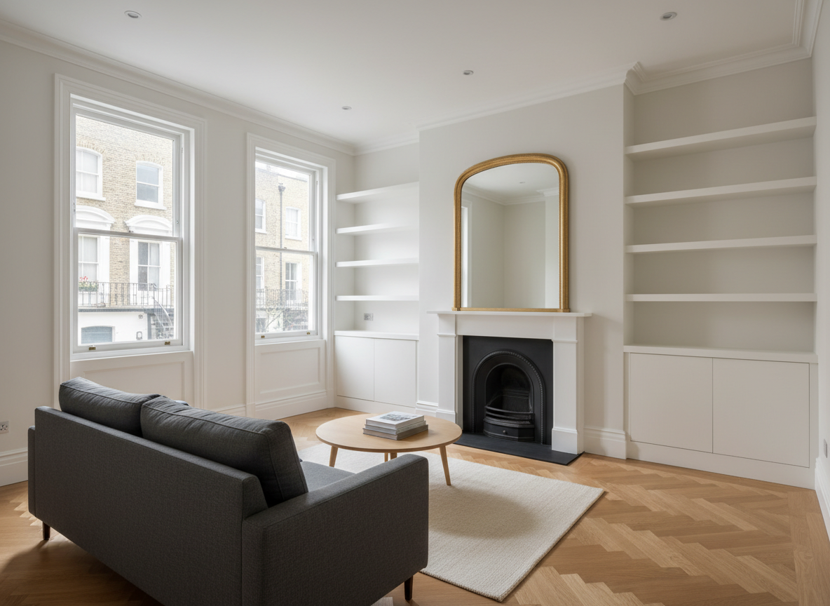 A meticulously refurbished London townhouse living room, featuring freshly painted soft white walls, perfectly aligned skirting boards, and flawless oak herringbone flooring with a satin finish. Built-in alcove shelving surrounds a restored Victorian-style fireplace with a clean, matte black insert and crisp white mantel. Large, double-glazed sash windows reveal a blurred urban street outside. Natural daylight floods the space, enhanced by discreet recessed ceiling lights, creating gentle, realistic shadows. Shot at eye level with sharp focus throughout, the composition uses the rule of thirds to highlight the craftsmanship and clean lines. The mood is professional, calm, and orderly, with photographic realism and a clean, modern aesthetic that emphasizes the quality of renovation work across London homes.