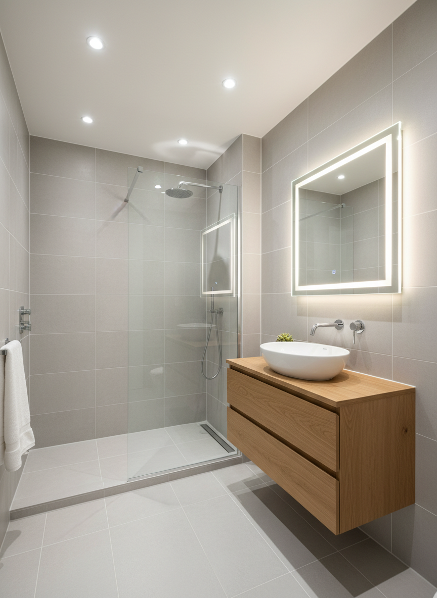 A bright, freshly renovated London bathroom with large-format, light grey porcelain tiles aligned perfectly from floor to ceiling, and flawless white grout lines emphasizing precision. A frameless glass shower enclosure sits on a level walk-in shower tray with a sleek linear drain, beside a wall-hung vanity with a smooth white countertop basin and chrome mixer tap. A backlit, anti-fog mirror glows softly, complemented by recessed ceiling spotlights that cast clean, even light with subtle, realistic reflections on chrome fixtures. Shot at eye level with wide-angle photographic realism, the composition captures the entire room in sharp focus. The atmosphere is hygienic, modern, and serene, highlighting the quality of bathroom renovation and attention to waterproofing, tiling, and finishing details.